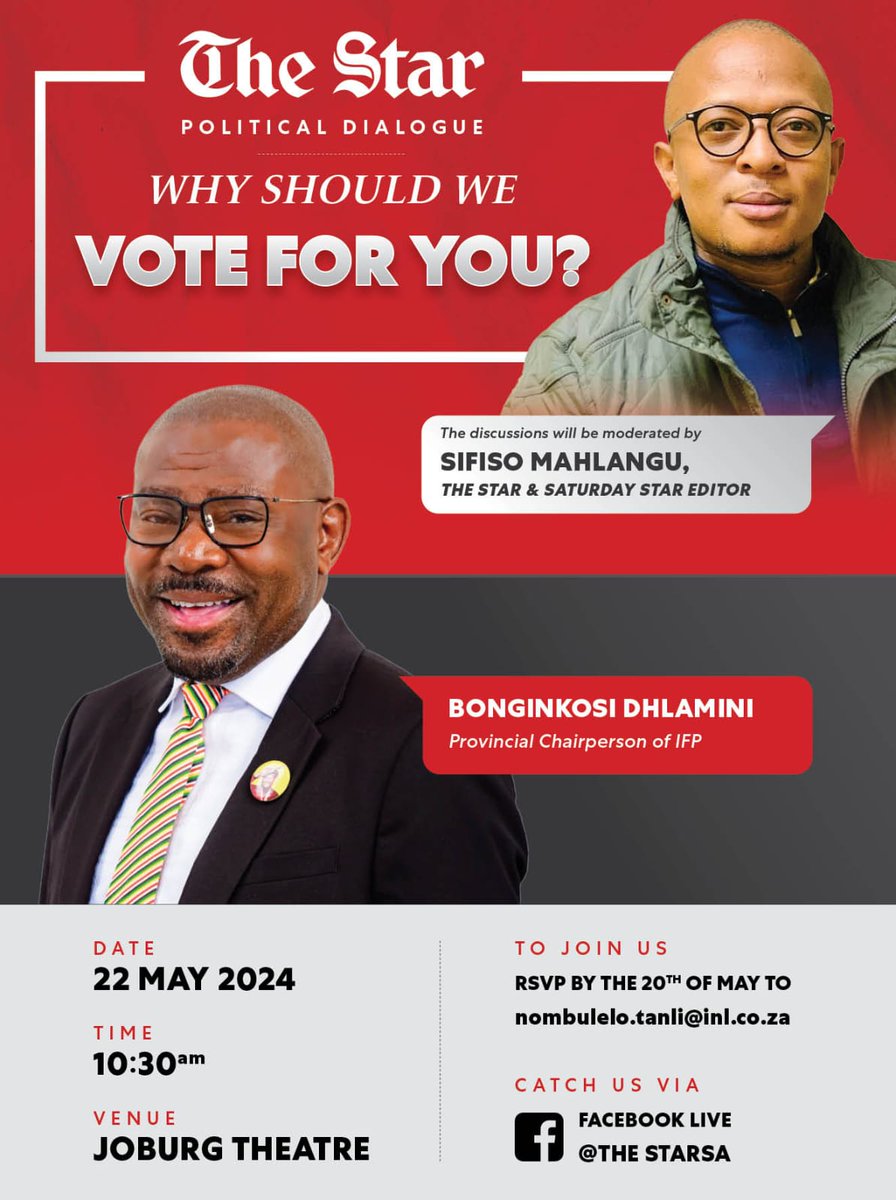 TheStar_news's tweet photo. Be part of the second instalment of The Star political dialogue. Moderated by The Star and Saturday Star editor, Sifiso Mahlangu, the dialogue promises a rich exchange of ideas and insights.

#TheStarNewspaper
#WhyShouldWeVoteForYou
#Elections2024 https://t.co/nByXTNjFx3