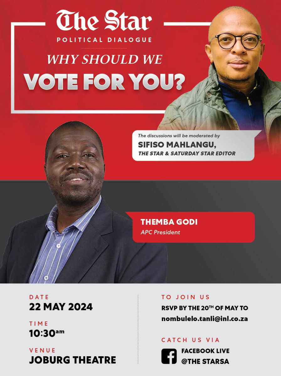 TheStar_news's tweet photo. Be part of the second instalment of The Star political dialogue. Moderated by The Star and Saturday Star editor, Sifiso Mahlangu, the dialogue promises a rich exchange of ideas and insights.

#TheStarNewspaper
#WhyShouldWeVoteForYou
#Elections2024 https://t.co/nByXTNjFx3