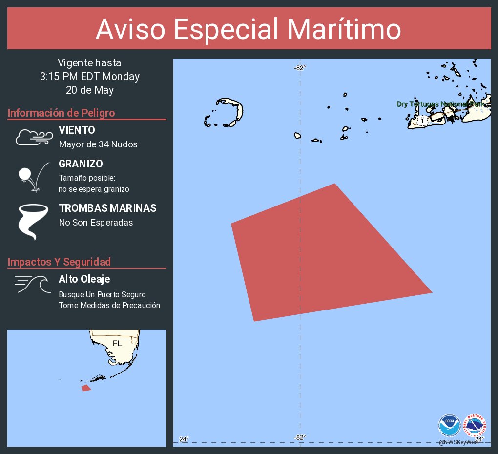 Aviso Especial Marítimo continúa Estrecho de Florida desde el final oeste del Puente Seven Mile hasta el sur de Halfmoon Shoal hacia afuera 20 MN hasta las 3:15 PM EDT