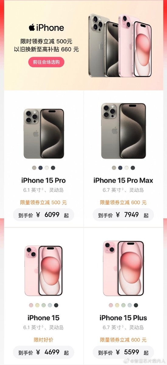 Apple doing so well in China that it's advertising largest ever px cut on TMall (up to 2300 RMB) Also px cut for iPhone 13/14, Apple Watch & AirPods Now iPhone 15 standard @ same level as Xiaomi 14 Pro & cheaper than P70 entry level src eet-china.com/mp/a315758.html