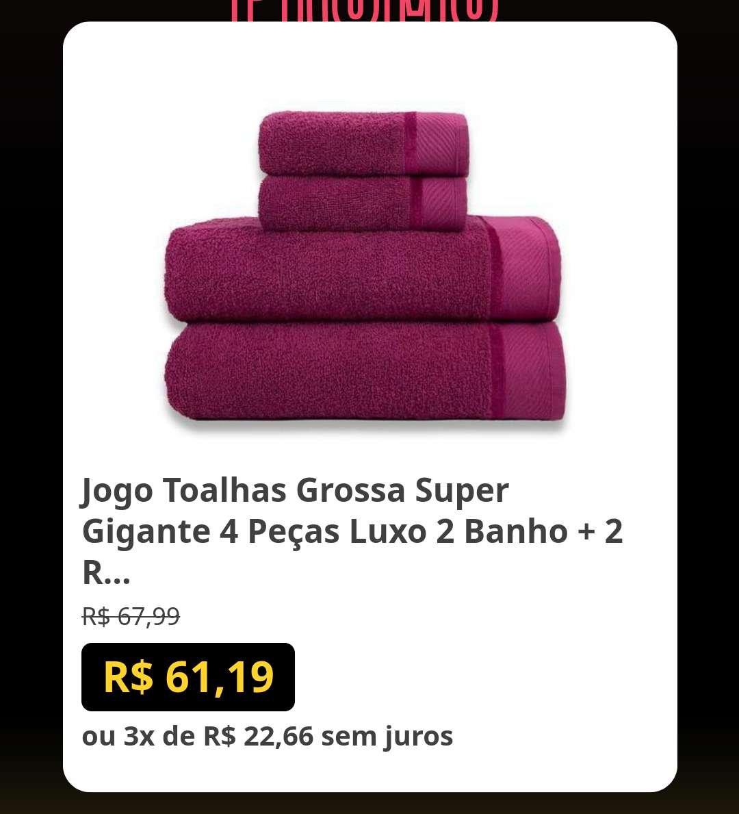 🛍️Jogo Toalhas Grossa Super Gigante 4 Peças Luxo 2 Banho + 2 Rosto Canadá

~de R$ 67,99~
💸por R$ 61,19 🚨🚨
💳 ou 3x de R$ 22,66 sem juros

👉Link p/ Comprar:  magazinevoce.com.br/wilbraz/p/gjj3…

_*Promoção sujeita a alteração a qualquer momento*_