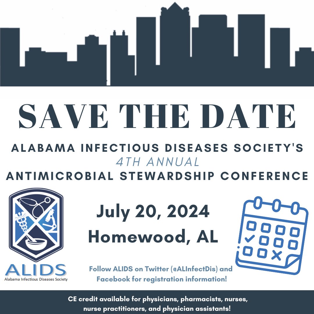 Registration is now open for the 4th Annual ALIDS Antimicrobial Stewardship Conference‼️ Sign-up today for #ALIDS2024 🤩🧫💊

📍 The Valley Hotel, Homewood, AL
📆 Saturday, July 20
⏰ 8 AM - 3 PM CST
📚 FREE CE

🔗 aub.ethosce.com/content/alabam…