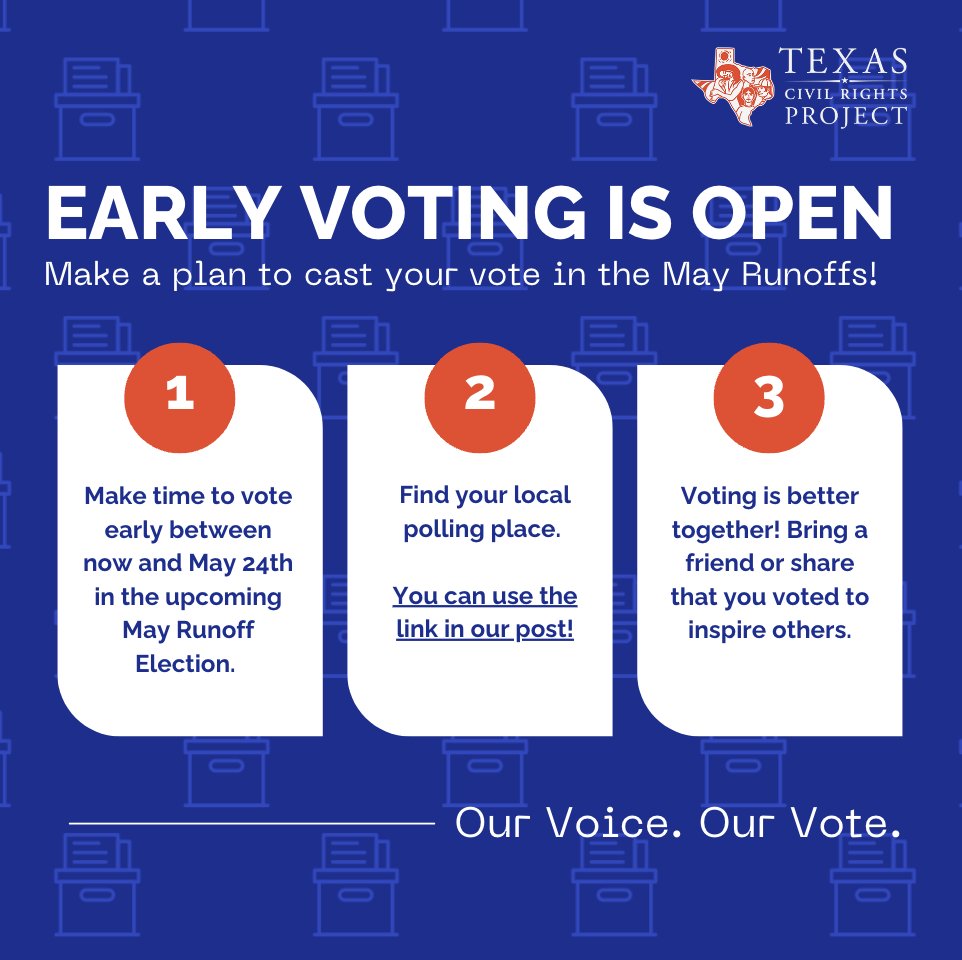 🗳️ The polls are open!
Find your polling location and vote early between now and May 24th, ahead of the upcoming Runoff Election. 
Find your polling place:866ourvote.org/state/texas/

Have questions? 📱 Don’t forget to call our hotline: 1-866-OUR-VOTE