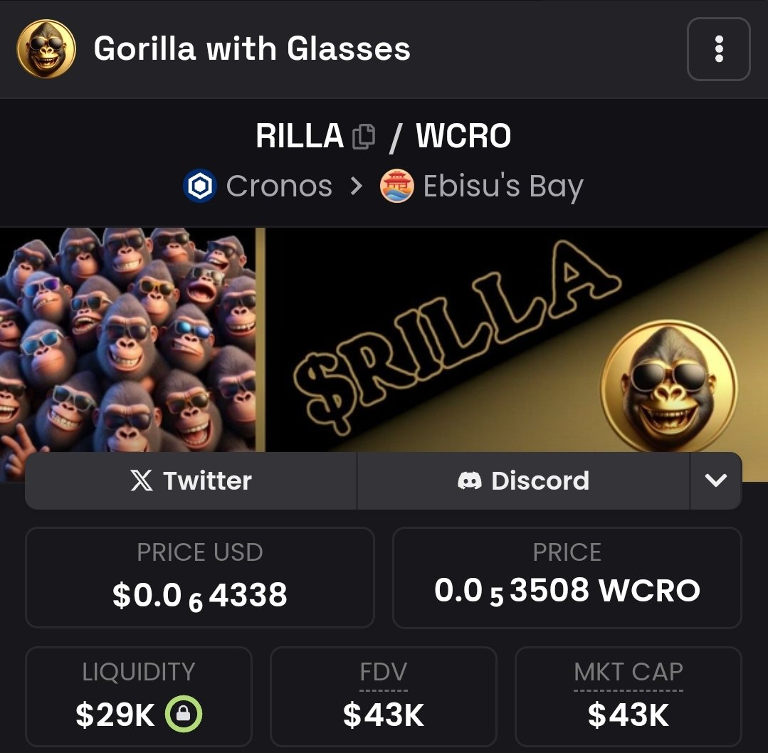 Have a look on $RILLA. Gorilla with glasses on cronos chain. Liquidity vs. mkt cap looks very promising.  Send it to the mooon. No financial advise. Just my honest opinion. 😀 <a href="/RILLAtomoon/">Gorilla</a> <a href="/PrimateBusiness/">Gorilla with Glasses - Primate Business</a> #cronosMemesDegens