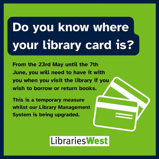 ❗️Do you know where your library card is?

To borrow items from our libraries between 23 May to 7 June you will need your library card - or to know your card number.

This is a temporary measure while our staff computer system is upgraded.