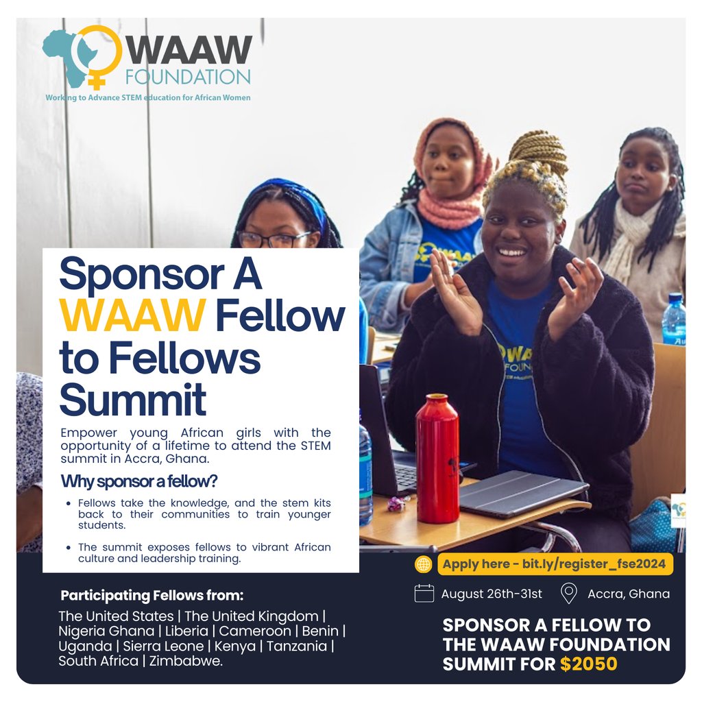 WAAW_Foundation's tweet image. Help us empower the next generation by sponsoring a WAAW Fellow to attend the 2024 Fellows Summit in Accra, Ghana! 

Your sponsorship of $2050 can make a life-changing impact. Invest in African leaders of tomorrow, today!

Sponsor a Fellow today: bit.ly/register_fse20…