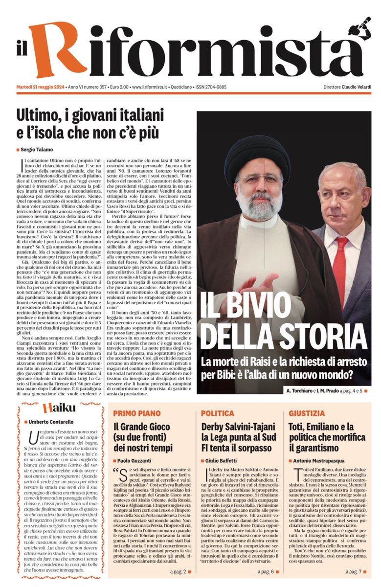 La prima pagina de “il Riformista” di martedì 21 maggio