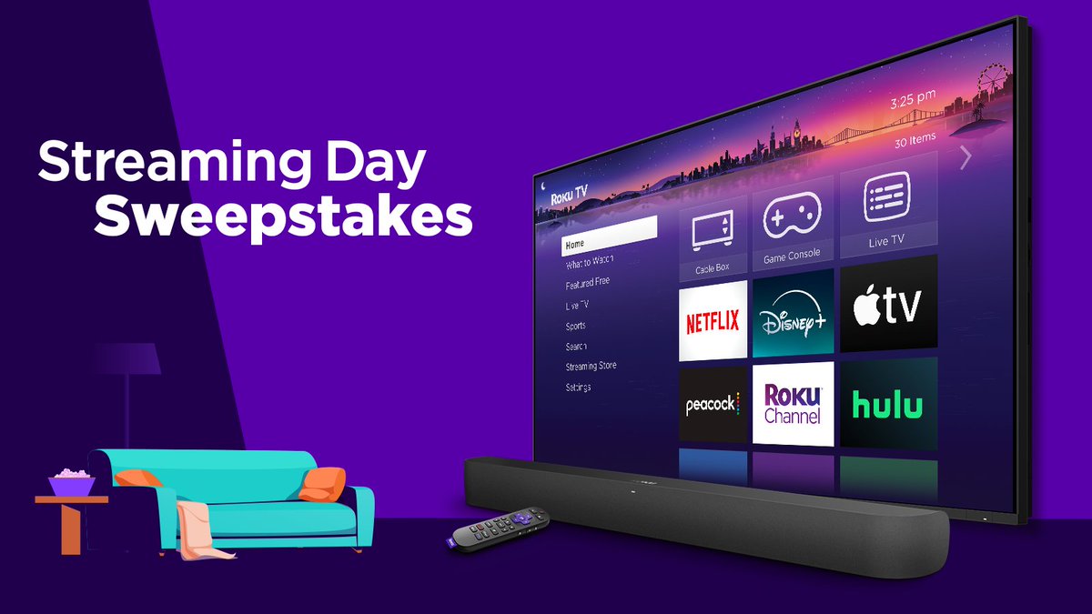 Roku's tweet photo. 🚨 SWEEPSTAKES ALERT 🚨

Celebrate Streaming Day in style with a sweet new setup:

📺 Roku 55" Pro Series TV
🔊 Roku Streambar Pro

To enter for a chance to win, tell us which movie or TV show you'd stream first using the hashtag #StreamingDay in the replies. https://t.co/T0l4GTdvZN