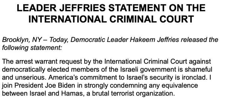 House Minority Leader Hakeem Jeffries called the ICC arrest warrant request 'shameful and unserious.'