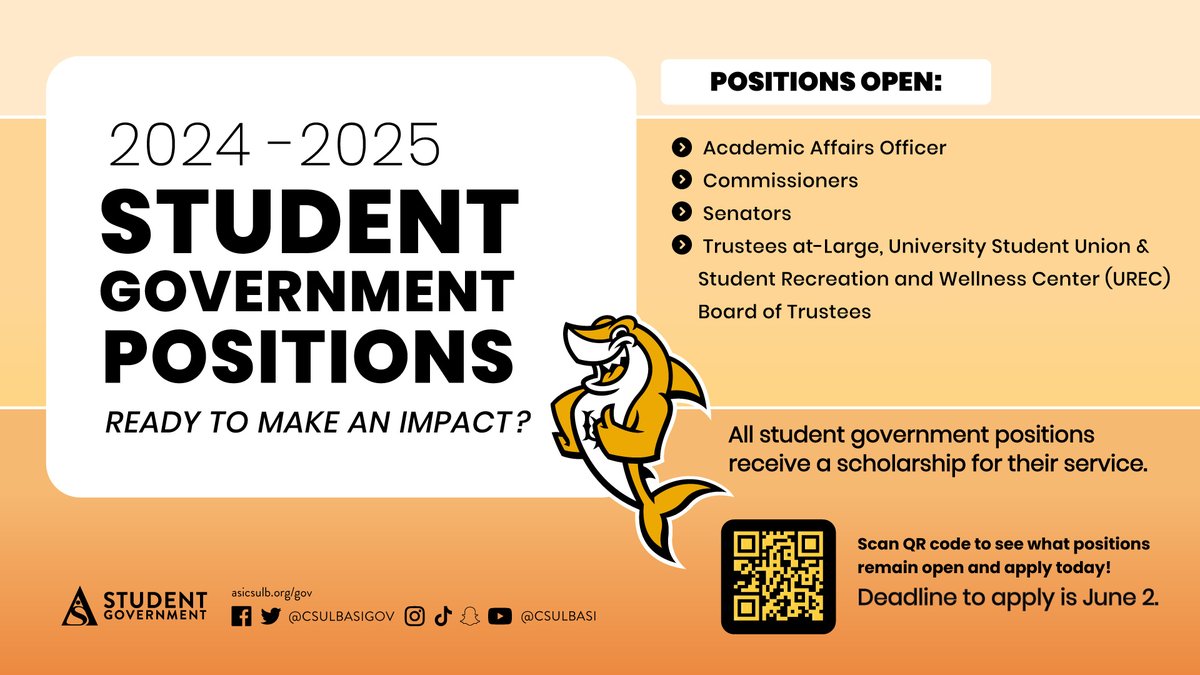 CSULBASI's tweet image. 🧑⚖️ Interested in getting involved on campus? Join ASI Student Government! Represent your study body when you apply for an open position in this year's student government. The deadline to apply is June 2! Make your mark and let your voice be heard.
🔗: bit.ly/4aq2mze