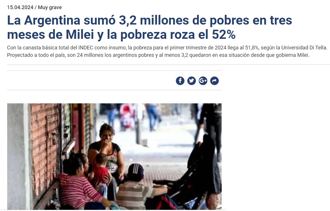 Desde que está Milei en el Gobierno Argentino hay 3,2 millones de pobres más. Pero no pasa nada, porque dice que recuperará la economía en 35 o 40 años. El liberalismo, la gran estafa del siglo XXI.