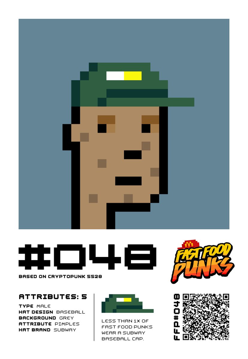 Highlighting FFP #048. Created early in the collection and based on @SpottieWiFi 's CryptoPunk 5528 with rare Subway forward facing cap. 💪