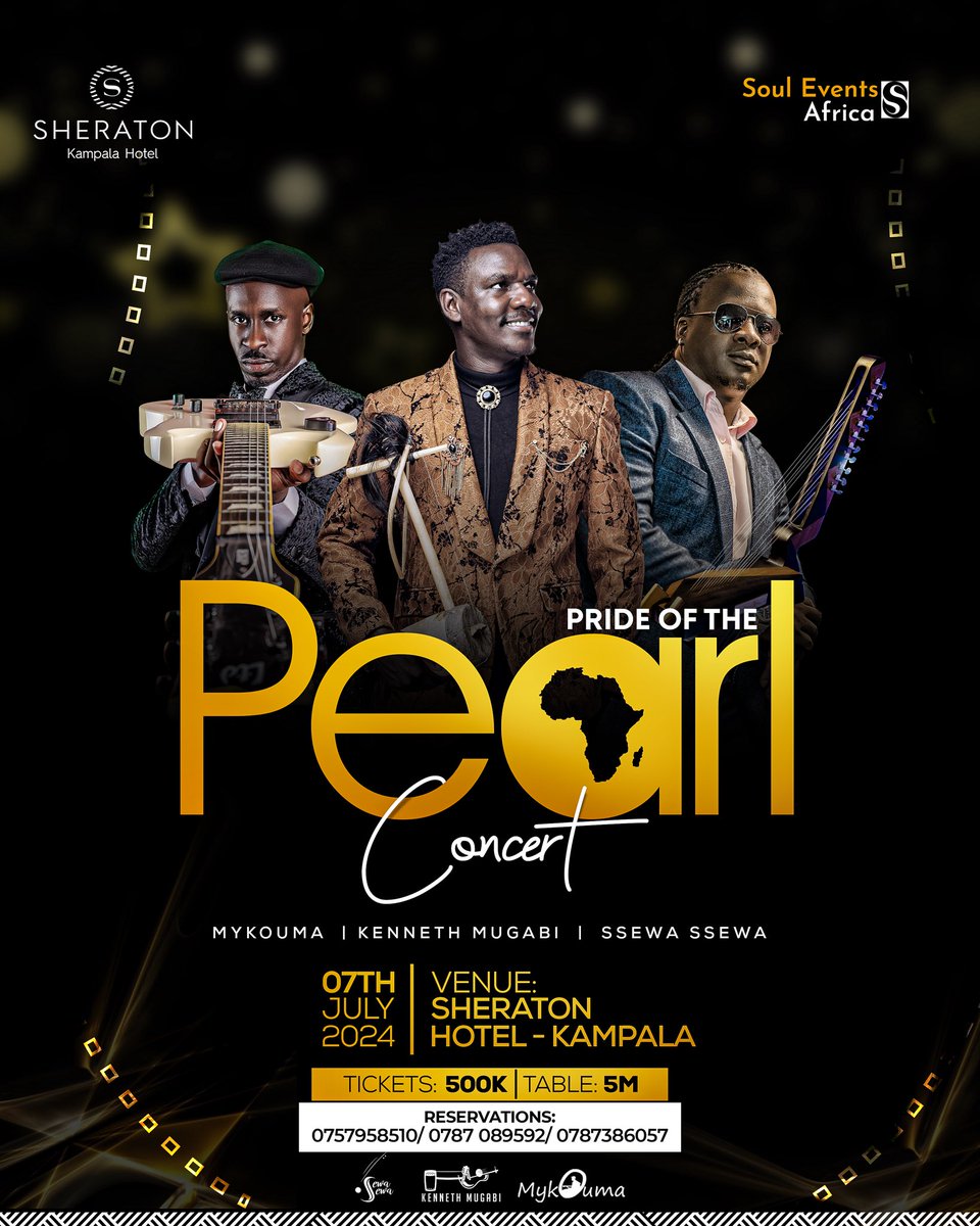 Save the date and grab yourself a #PrideOfThePearl concert 🎫 or Table reservation hosted at @KampalaSheraton featuring L - R Michael Owuma , @kennethmugabi & @ssewa_ssewa . Tag along with friend