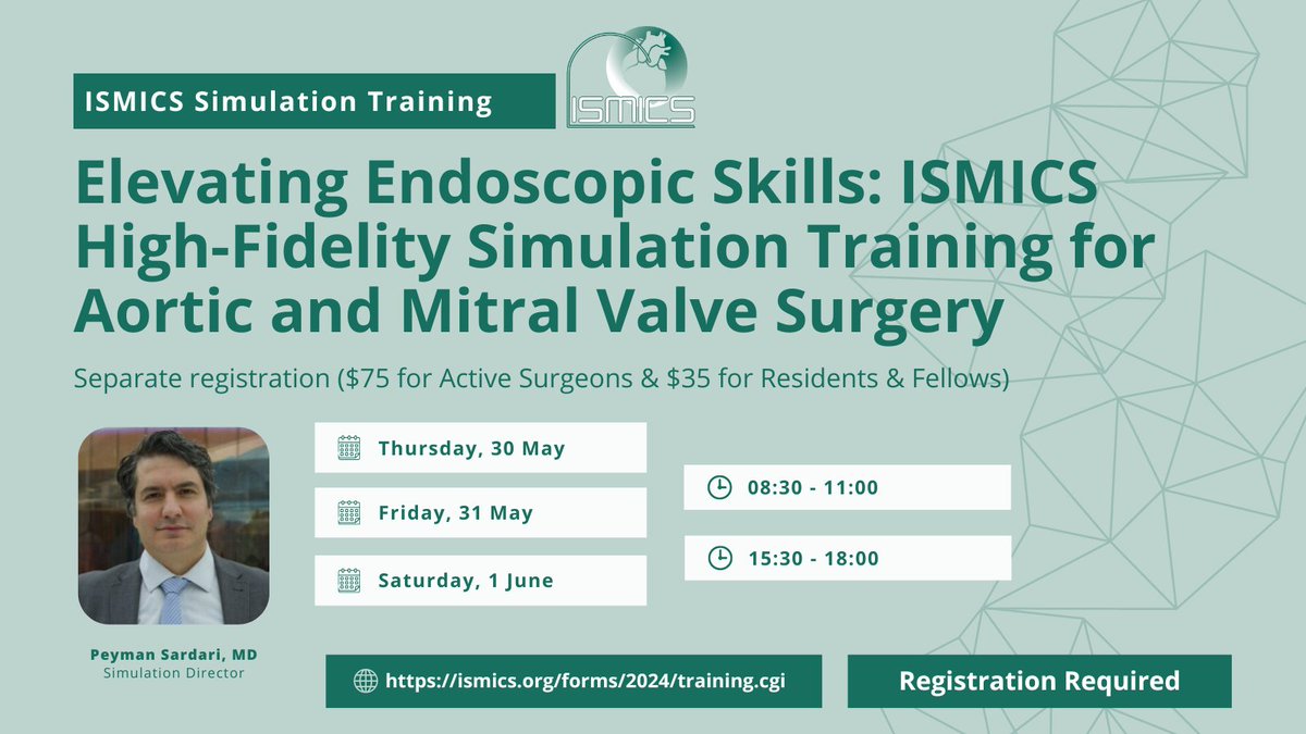 PeymanSardari's tweet image. Simulation Madness Going to #ISMICS
Thrilled to announce the launch of ISMICS #SimulationTraining at the annual meeting in Athens, from May 29 to June 1.
We have planned five simulation sessions, each focusing on #endoscopic #aorticvalve and #mitralvalve surgery using the…