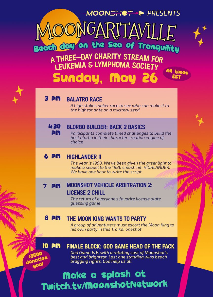 We have one more big Monday announcement for you: the Moongaritaville schedule! Join us this Friday, Saturday, and Sunday for three full evenings of fun and fundraising to benefit the Leukemia and Lymphoma Society, only on moonshot.mov!