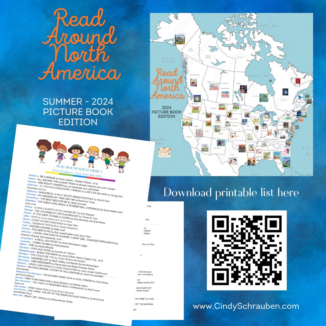 The READ AROUND NORTH AMERICA #reading list is here! With #picturebooks from all 50 states and Canadian Provinces. Click the QR code to download the list. Please share. #teachers #librarians #homeschool #summerreading #readinglist #kidlit #readaroundamerica