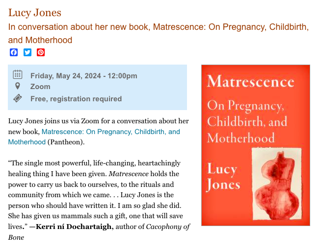 Looking forward to a Matrescence conversation event this Friday on Zoom with ✨ @PointReyesBooks Noon, Pacific time; 8pm, BST. Free to register here ptreyesbooks.com/event/lucy-jon…