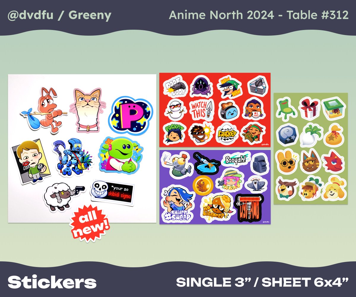 Find me at #AnimeNorth2024 this weekend sharing Table 312 with <a href="/cosmikolor/">roo 💀</a> !!! I've been away from cons for 7 years, so I am really excited to be back &amp; meet everyone 🙂

Please see pics for how to find us, and my catalogue with all the new merch I have to share!!