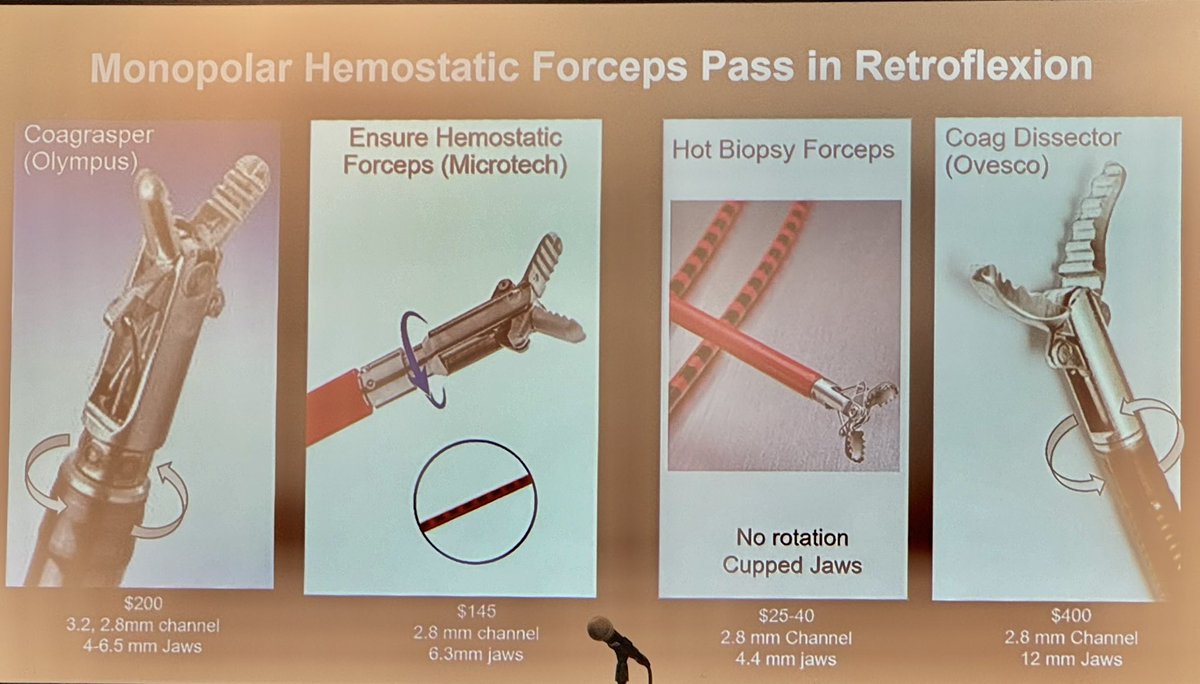 Monopolar Hemostatic Forceps Note: they pass in retroflexion ▪️Coagrasper $200 ▪️Ensure Hemostatic Forceps $145 ▪️Hot biopsy forceps $25-40 ▪️Coag Dissector $400 #DDW2024 🙏 @DrBloodandGuts