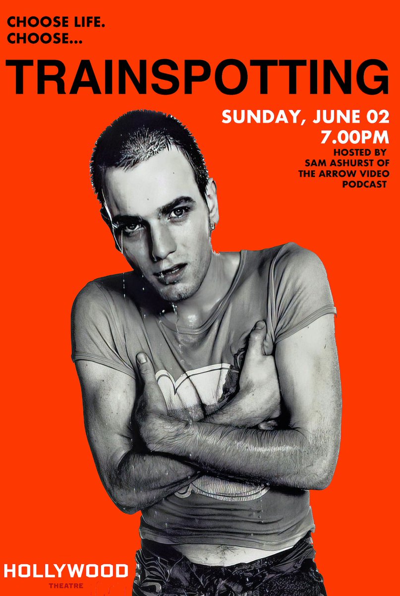 Here's the poster for my TRAINSPOTTING screening at the @HollywoodTheatr on June 02! The movie's one of my all-time favourites, and it'll look so insane on that HUGE screen! Ticket info is here: hollywoodtheatre.org/tickets/25864/ Get it in your train schedule, and I'll spot you there!