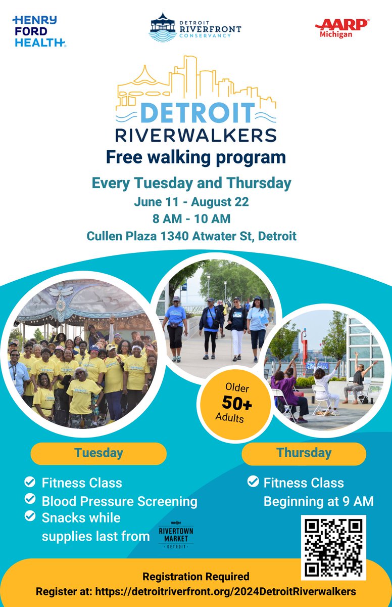 Sign up today for Detroit Riverwalkers, sponsored by @HenryFordHealth and in partnership with @AARPMichigan This is a free walking program for adults, 50+. Register today at the link: detroitriverfront.org/2024DetroitRiv…