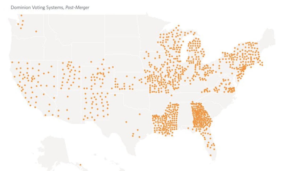@BehizyTweets The yellow dots indicate where Dominion voting machines are in use. Look at Georgia. $$$