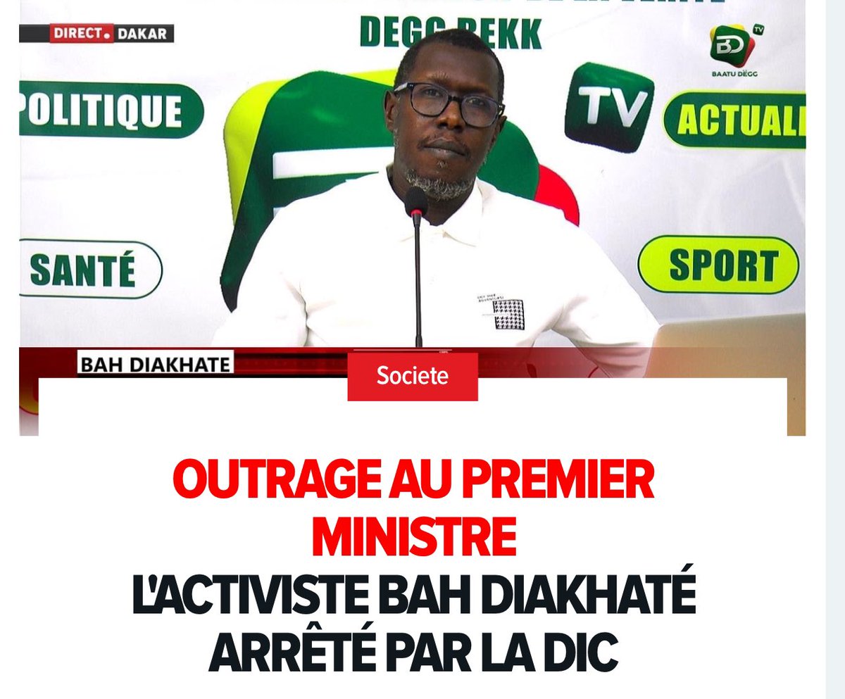 Bah Diakhaté arrêté par la DIC pour injures envers le PM Ousmane Sonko

Plus d’infos ici 👉🏽 seneweb.info/3QTAQU3