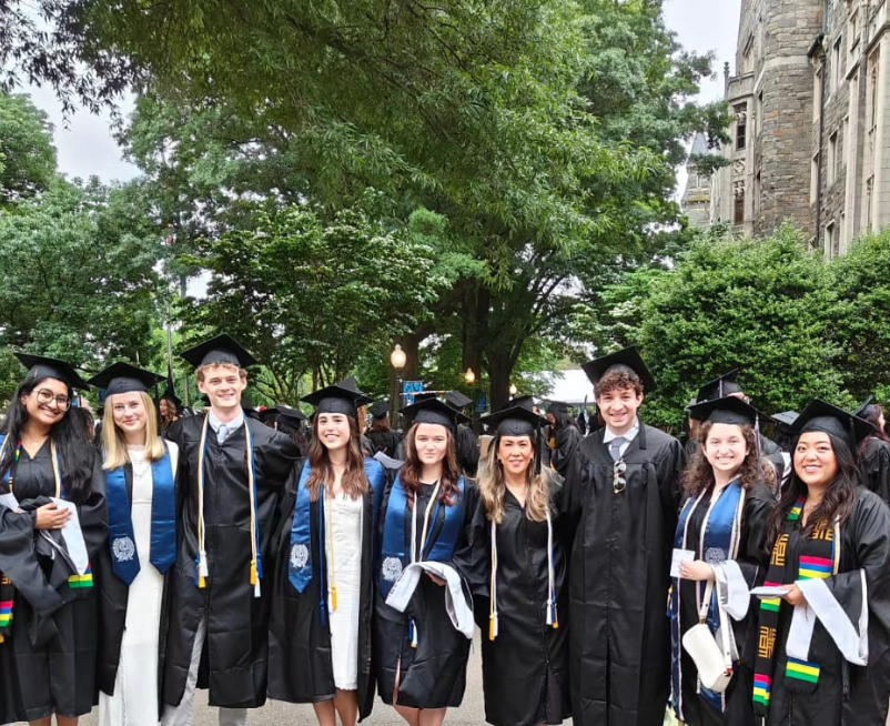 2024 <a href="/GU_ENGL/">Georgetown English Department</a> graduates at commencement!!! 
[L to R: Kavita Premkumar, Isabel Harmet, Miles Cooper, Zoe Giglio, Caroline Hannum (graduating this summer), Kilmeny Chernys, Desi Isaacson, Sarah Licht and Halle Trang]