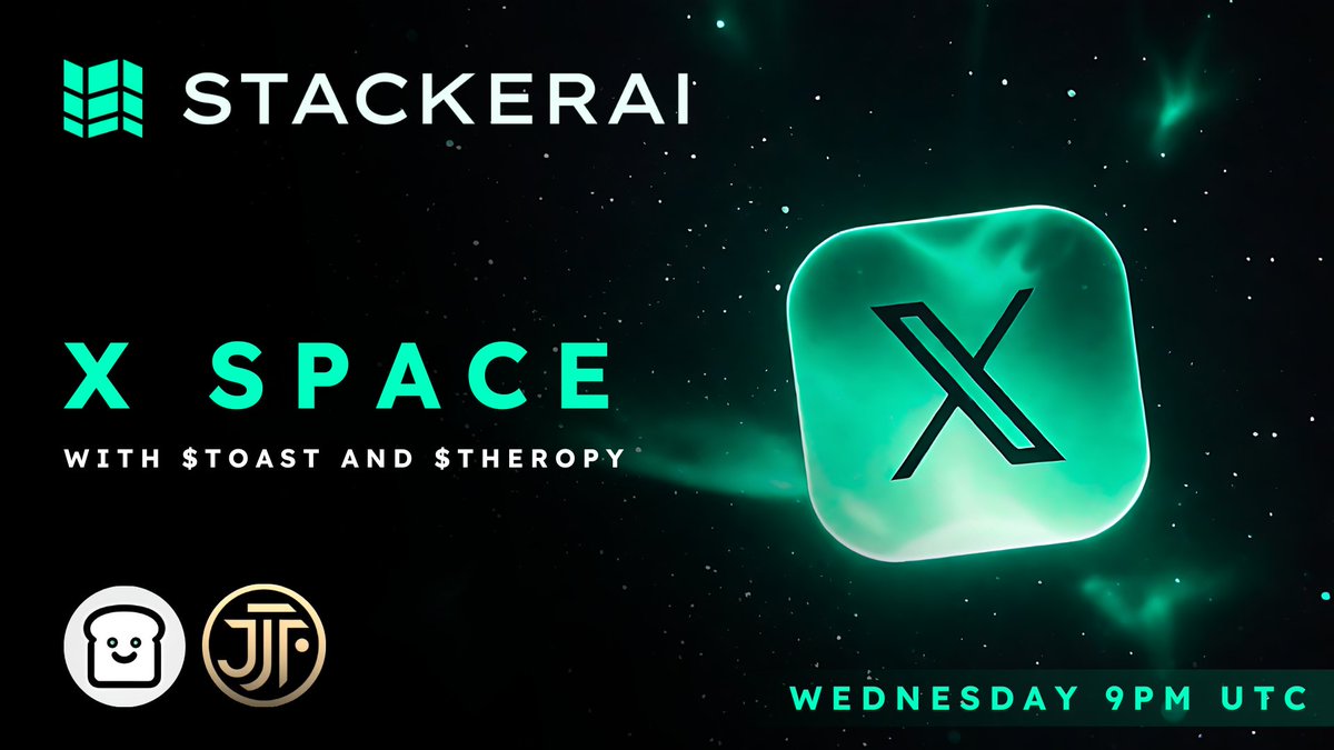 Join us for an exciting X Space with Toast and Therapy! 🚀

📅 Date: Wednesday
🕘 Time: 9 PM UTC

Don't miss out on this opportunity to dive deep into our latest collaborations and hear from the teams behind these innovative projects. 

See you there:
x.com/StackerAIERC/s…