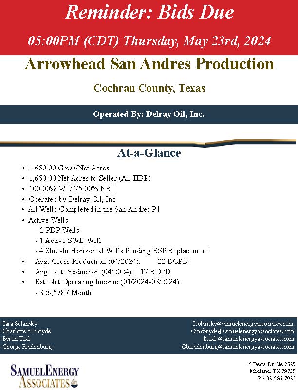 samuel_energy's tweet photo. REMINDER: Bids Due - 5/23/2024 
Permian Basin Operated Working Interest 
VDR Now Open - Details Below ⬇ 

Samuel Energy Associates, LLC
Office: 432-686-7023

Request Access Here: https://t.co/ZHoa9TmQcu

#permianbasin #oilandgas #Operations #drillbabydrill https://t.co/MvqiVsSlOH