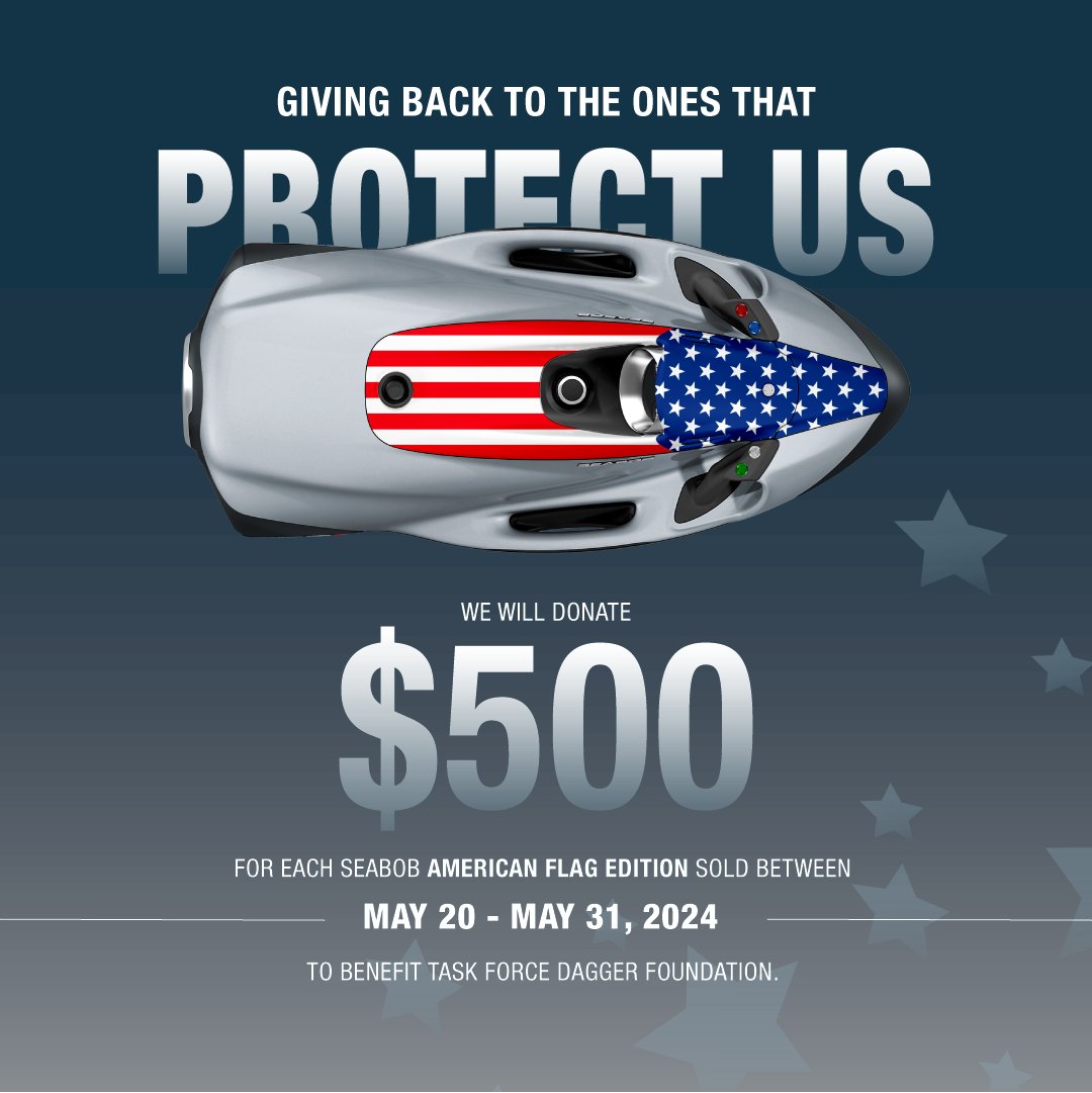 seabobamerica's tweet photo. Join us in giving back this #MemorialDay 🇺🇸 From 5/20 - 5/31, we will donate $500 to @taskforcedagger for every SEABOB American Flag Edition sold 😄

For more information, please contact info@seabob.us.

#SEABOB #GivingBack #yachting #veterans #TaskForceDagger https://t.co/PL5z32WY8U