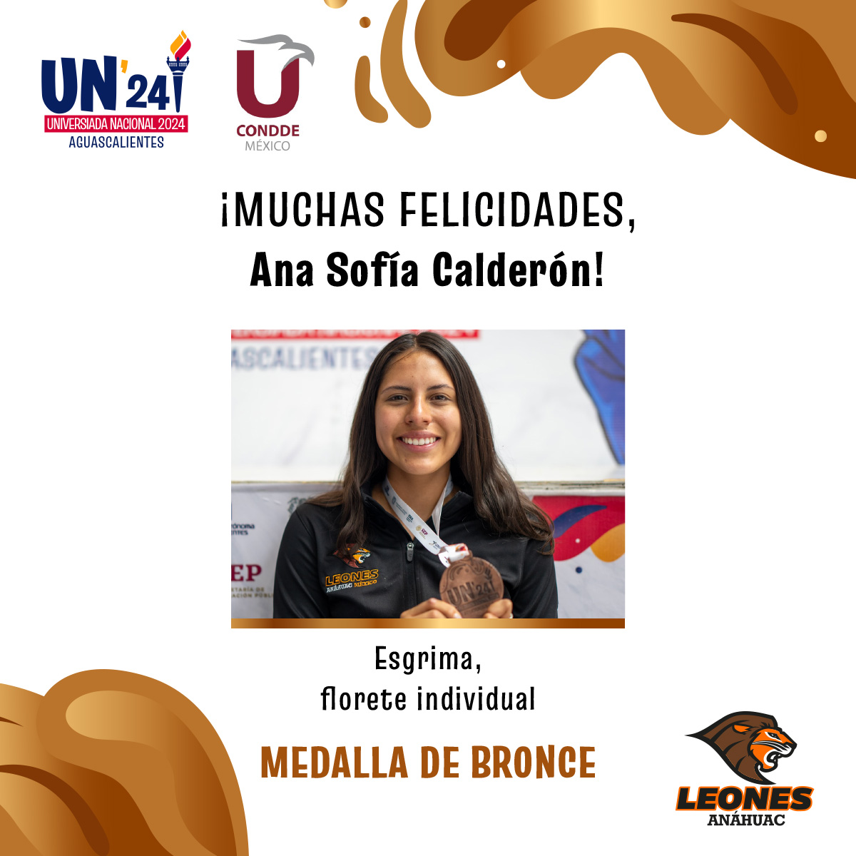 #VamosLeones Felicitamos mucho a Ana Sofía Calderón por su excelente desempeño en Esgrima, florete individual, el cual la llevó a ganarse la medalla de bronce en la #UniversiadaNacional2024 🤺 ¡Muchas felicidades! 🥈🙌🏼 @ConddeMx @UniversiadaMX