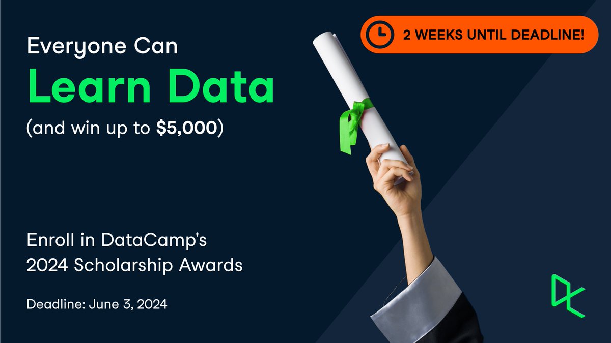 Calling DataCamp learners! Register in the Everyone Can Learn Data 2024 cash scholarship competition! All are welcome to participate. Grand prize is $5,000 USD with 4 runner-up receiving $1,000 each! Register and start competing here: ow.ly/1B0X50RJtwU.
#dcdonates