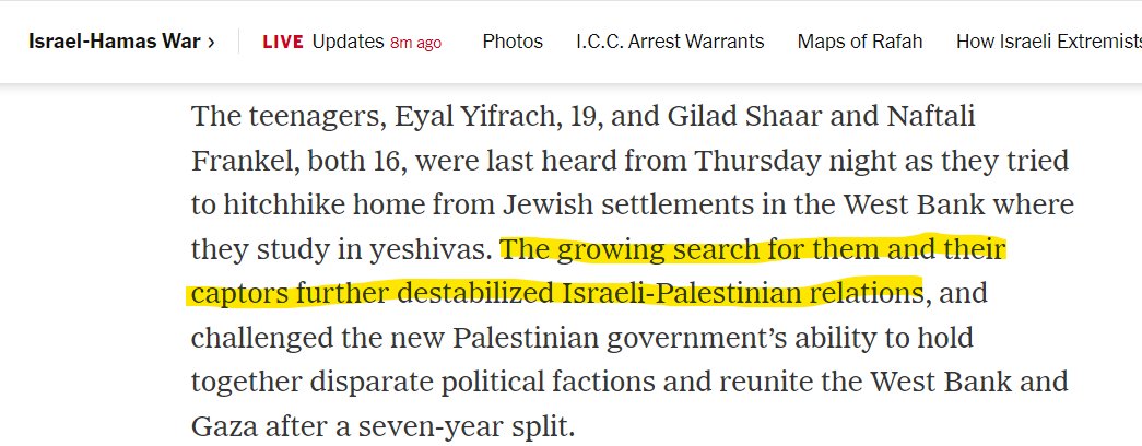 Throwback to 2014 when @nytimes reported that Israeli efforts to locate the 3 kidnapped boys -- but not the kidnappings -- 'further destabilized Israeli-Palestinian relations.' tinyurl.com/ndwrxe5y (1/2)