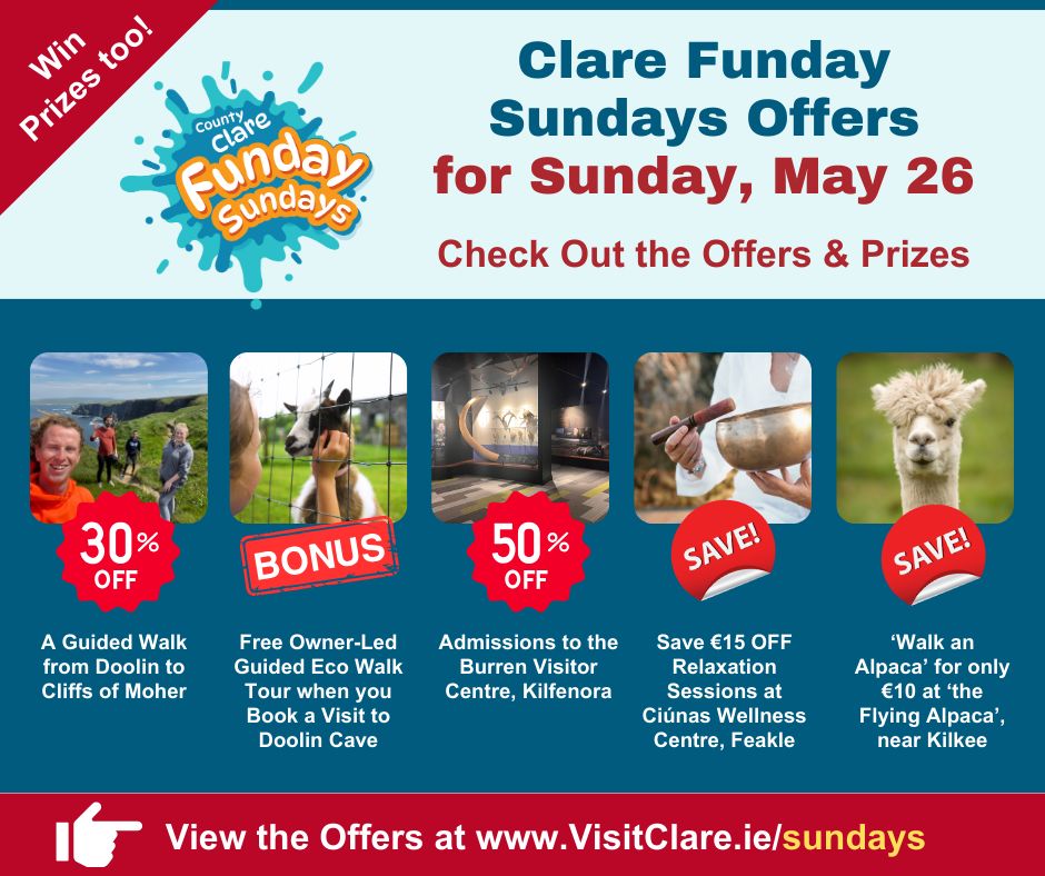Funday Sunday offers for this Sunday, 26th May 💛💙 Visit weekly to see what’s on offer and to enter each month’s competitions, Offers and Competitions feature weekly on VisitClare.ie/sundays #VisitClare #MakingitEasy #KeepDiscovering