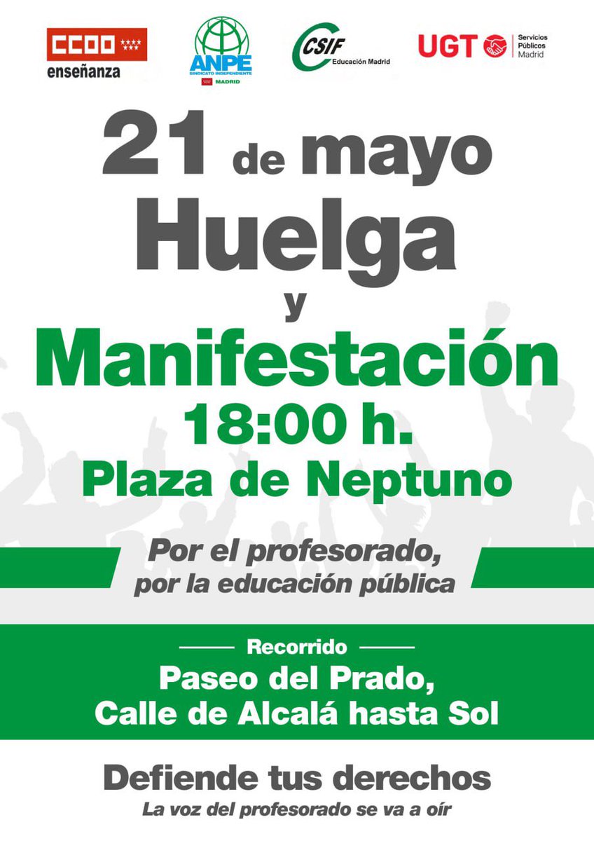 ProfesPalestina's tweet photo. Mañana en Madrid vuelve a ser el turno del profesorado 👩‍🏫🧑‍🏫. Igual que hicimos el pasado 8 de mayo, este martes salimos a las calles de la capital para defender nuestros derechos y una educación pública y de calidad🟢 https://t.co/q1FetXgzx1