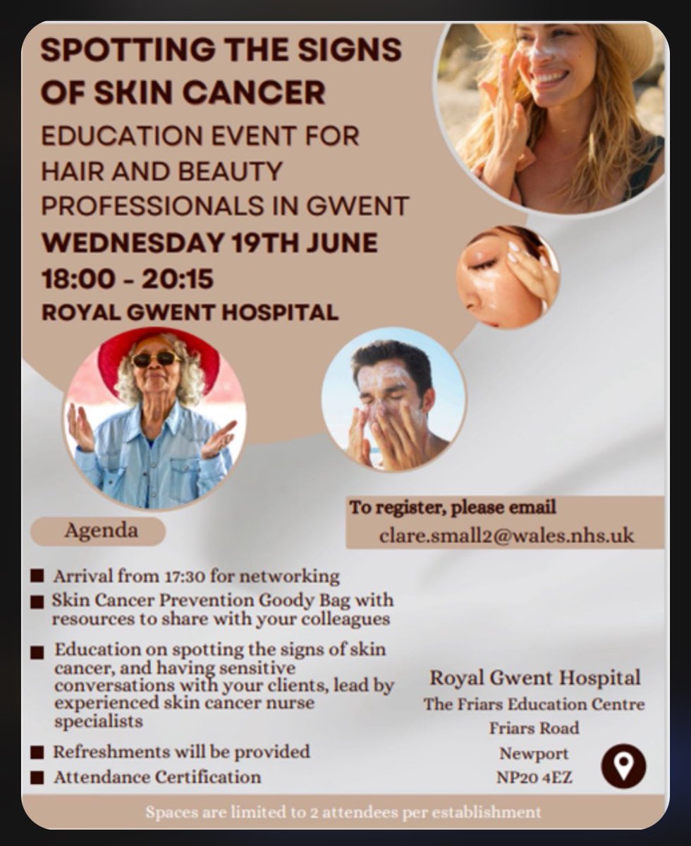 Can you share this event with your beauty therapists and hairdressers - we know the valuable role they can play in the early diagnosis of skin cancer … email on the poster to book your place .. see you there 💙<a href="/AneurinBevanUHB/">Aneurin Bevan University Health Board</a> <a href="/CEOabuhb/">Nicola Prygodzicz</a>