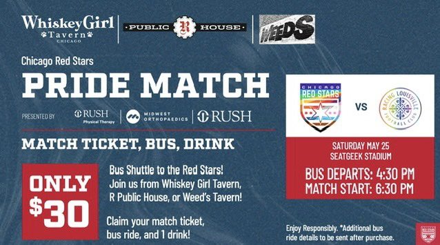 We've got your Saturday plans covered, EVEN your transportation!! Take a bus to this weekend's game from either @WhiskeyGirlTvrn / @rpublichouse / Weeds, tailgate with us (details coming soon), and enjoy the @chicagoredstars Pride Match!!! DM for ticket links!!! 🏳️‍🌈🏳️‍⚧️❤️🩵🚌⚽️