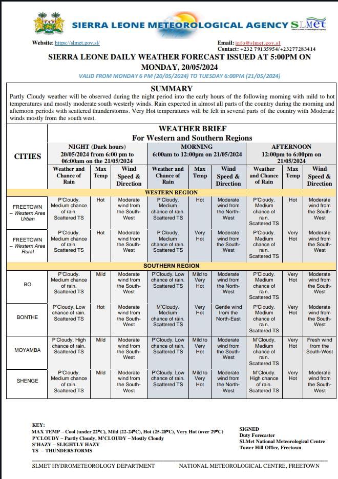 AgencyLeone's tweet photo. Weather Outlook issued at (5pm on Monday 20th May Valid 18:00 - Tuesday 21st May, 2024)

Visit: https://t.co/5v4hoWRPPt
To follow our YouTube handle.

#SouthEastandNorthWest #knowabouttheweather #sierraweather #temperature #winddirection #climatechange https://t.co/gtgb2ugKFg