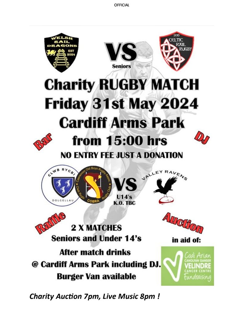 I'm excited to be involved with this day of rugby for a great charity 👏 @Velindre. It should be a cracking afternoon at CAP with lots of money raised on the day 👌