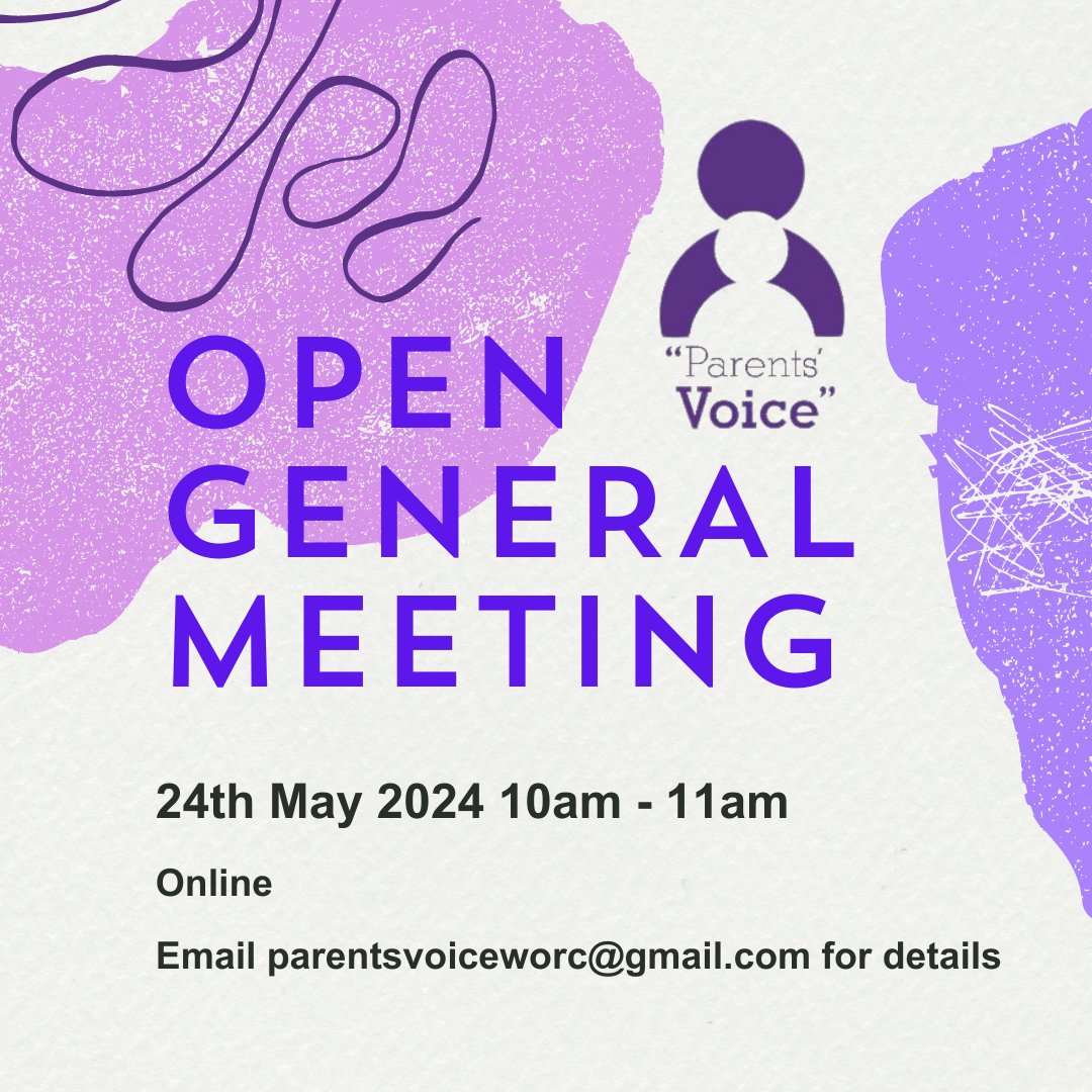 Our Open General Meeting is this Friday 24th May, 10am online. Email parentsvoiceworc@gmail.com for details & link. #parents #WeNeedYou #WorcestershireHour
