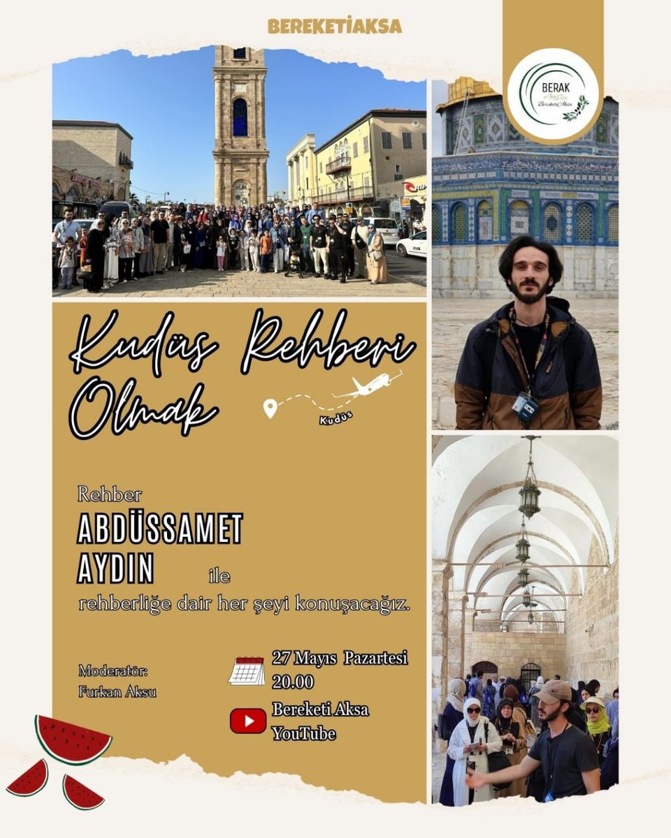 "Kudüs Rehberi Olmak” serisinin ikinci programında Kudüs’e defaatle giden ve bir turizm şirketinde tur rehberi olarak görev yapan Abdüssamet Aydın'ı konuk edeceğiz.

🗓️ 27 Mayıs Pazartesi 20.00’da
📌 Bereketi Aksa/YouTube kanalında yayında..

youtube.com/@bereketiaksa?…