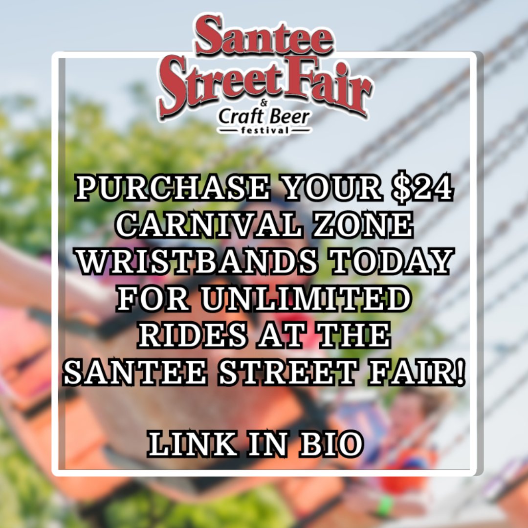 Looking for a fun and exciting family outing this Saturday? 🎡 Come visit the Santee Street Fair's Carnival Zone! Don't miss out—grab your unlimited ride wristbands for only $24 from the link in our bio! 🔗 #SanteeStreetFair #SanteeChamber