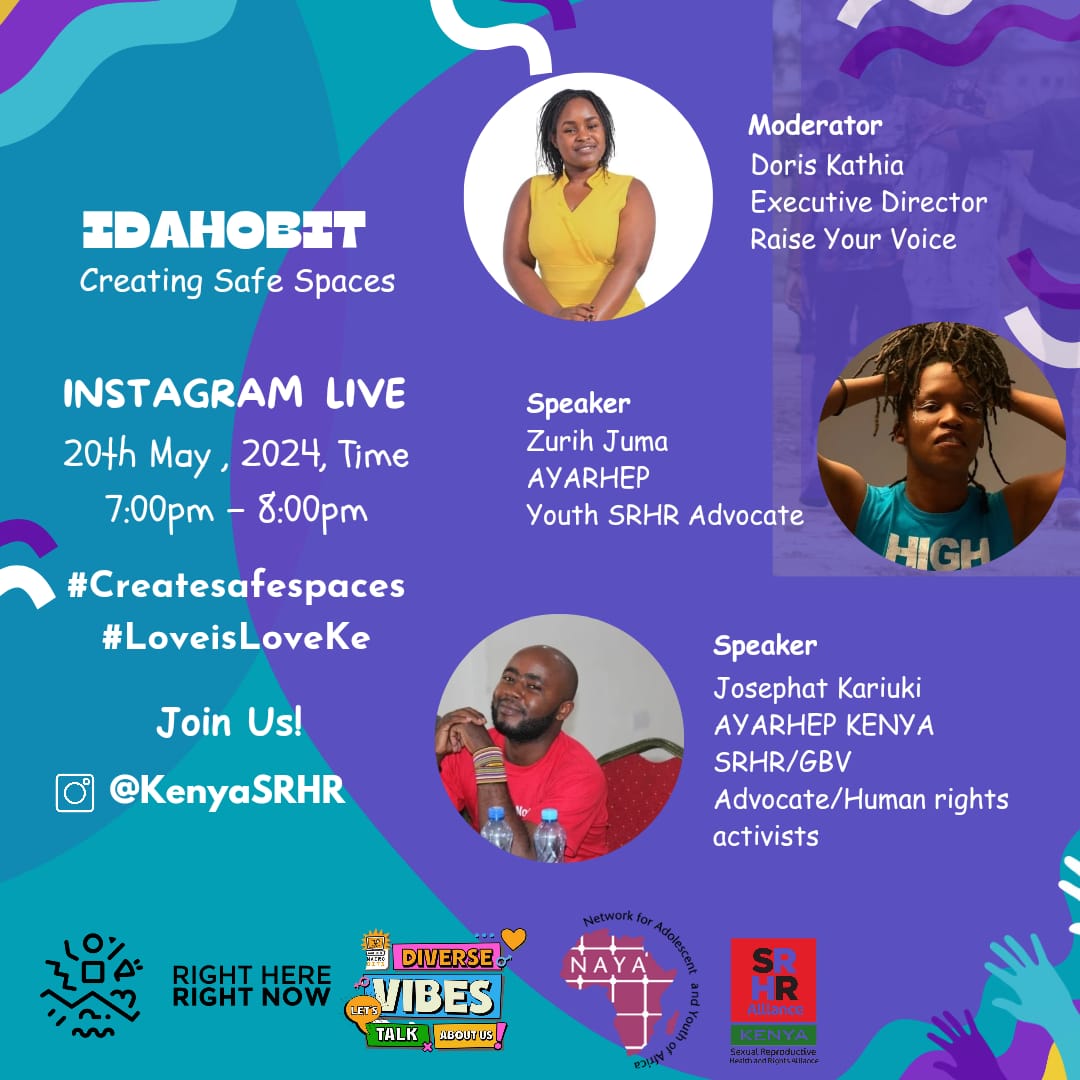 Let's #Createsafespaces for young people in their diversity including sexual and gender minorities. Join us in our instagram live at 7pm today to find out more. Usikose. 🥳