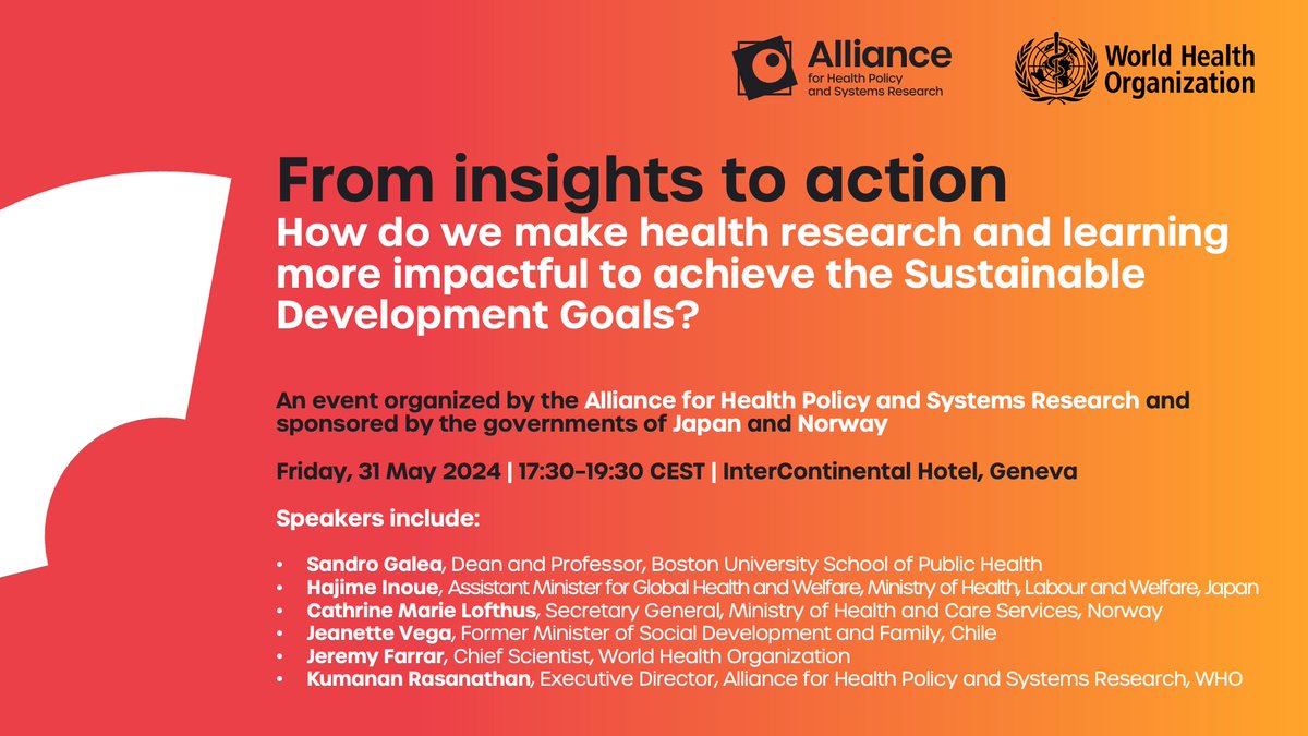 Sorting your schedule for #WHA77 in Geneva?

Join us on Friday evening, 31 May, for an event organized by the Alliance and co-sponsored by Norway and Japan on making health research and learning more impactful for the #SDGs.

Register > ahpsr.who.int/newsroom/event…