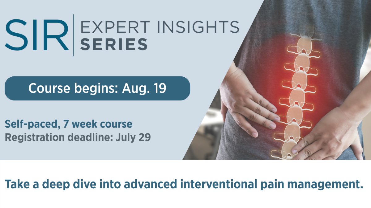 Check out the program details for the new SIR Expert Insights Series: Pain Management in IR! You won’t want to miss this 7-week, self-paced course that’s designed to equip IRs with the knowledge and skills necessary to treat patients with pain. Learn more: brnw.ch/21wJXlk