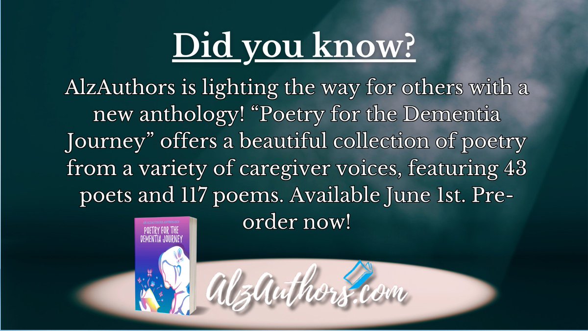 Our new anthology releases June 1st! “Poetry for the Dementia Journey” brings 117 poems from a variety of caregiver situations into the world. Pre-order now! #AlzAuthors amazon.com/dp/B0D3CCK368