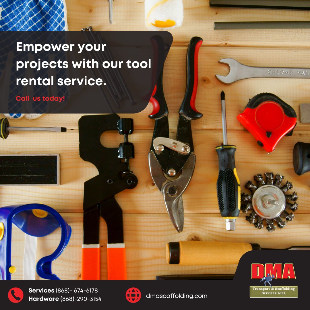 dmascaffolding's tweet image. Unlock your next project&apos;s potential with our tool rental service! 🔓🛠️ 

From DIY enthusiasts to professionals, we&apos;ve got you covered with top-quality tools for every job. 🏠👷‍♂️ 

#ToolRental #ProfessionalTools
.
Call us today! 📞 (868)-674-6178
Visit - dmascaffolding.com