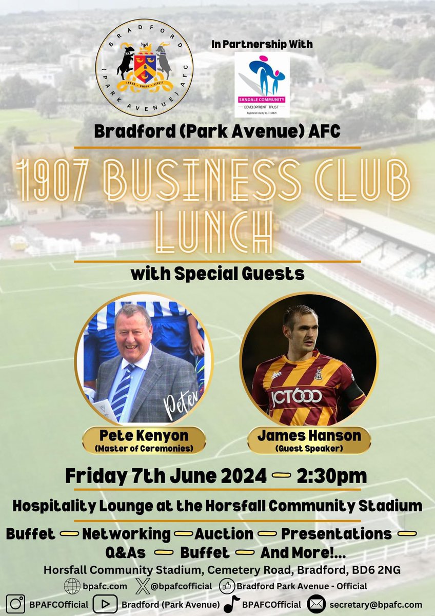 1907 Business Club Lunch I Friday 7th June 🤝

Come along and see what we have to offer your business at Bradford (Park Avenue) for the 2024/25 season here at the Horsfall Community Stadium. 

This is a great opportunity to network and chat to us regarding our various different