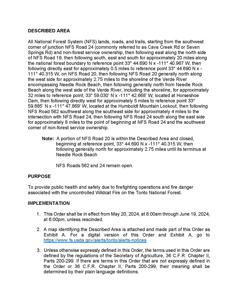 TontoForest's tweet photo. The #TontoNF is expanding the closure order for the #WildcatFire on the Cave Creek Ranger District for the protection of public health and safety due to firefighting operations and fire danger associated with the uncontrolled Wildcat Fire. https://t.co/14O1NcIt0N